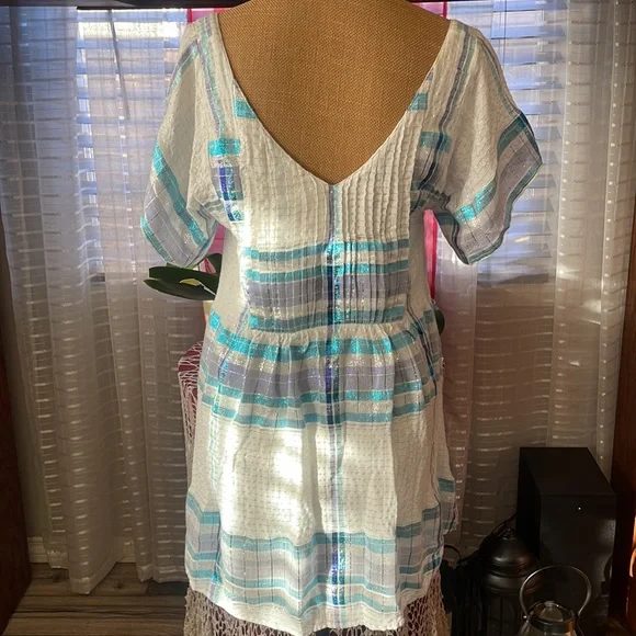 Free People Barcelona Plaid Shimmer Mini Dress Ivory Metallic Stripes Boho - Picture 10 of 11